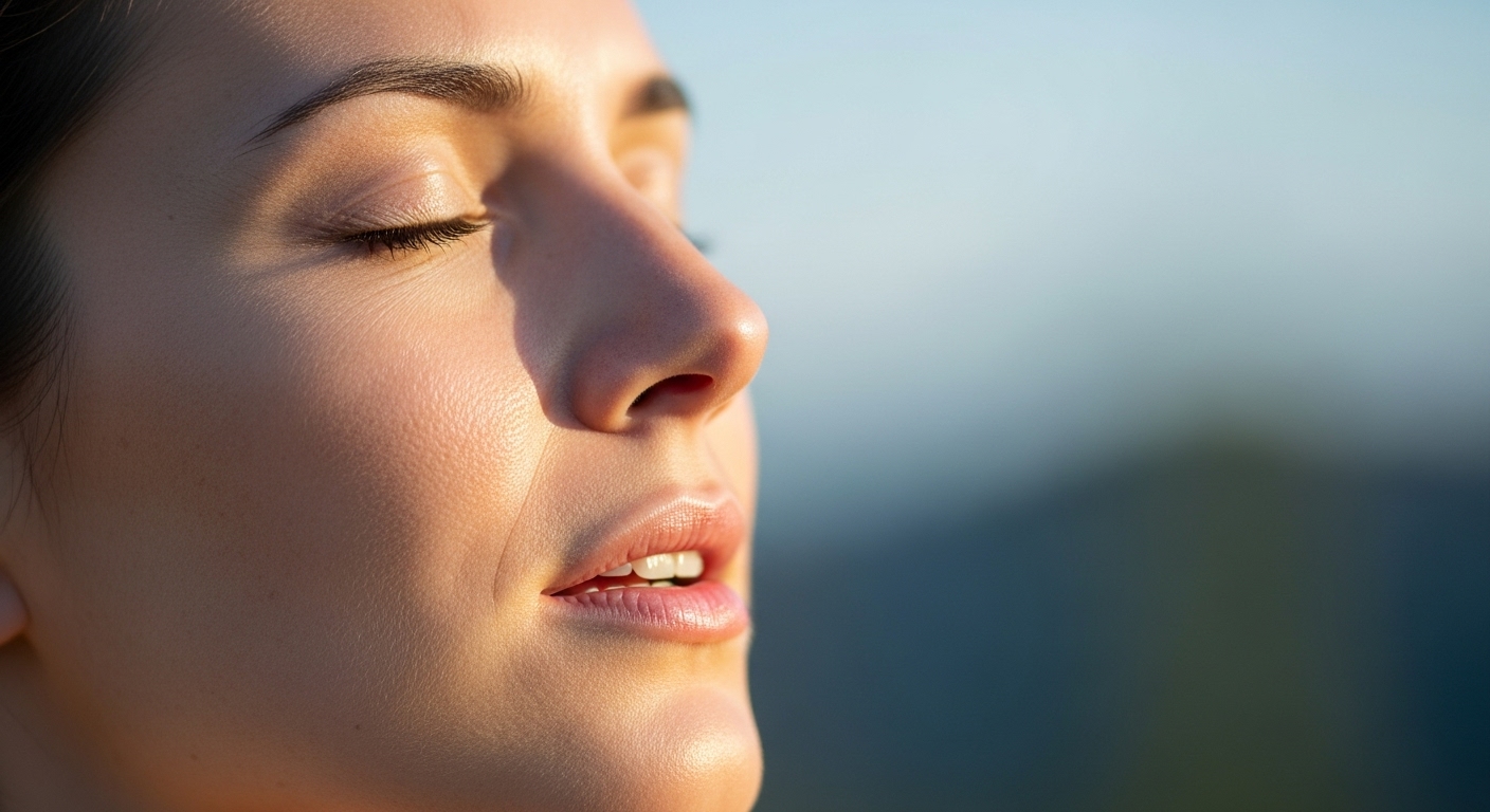 Mindful Recovery Surge: 8 Restorative Steps to Boost Energy. 2 Woman with closed eyes taking a deep mindful breath for stress relief, face showing peaceful expression during conscious breathing exercise for nervous system regulation and energy restoration