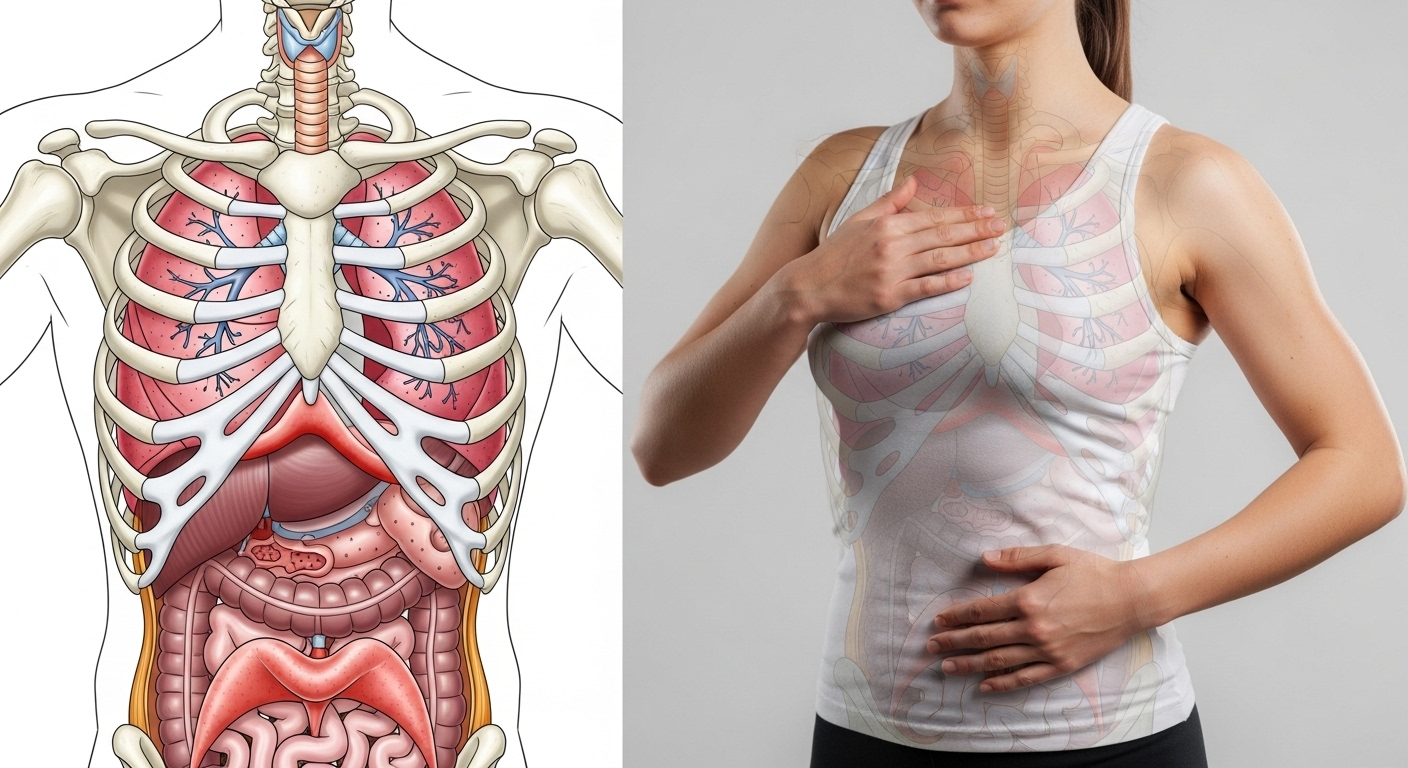 Recover Muscles After Workout: 5 Potent Breathing Secrets. 4 Side by side anatomical comparison showing shallow chest breathing versus deep diaphragmatic breathing to recover muscles after workout with maximum oxygen