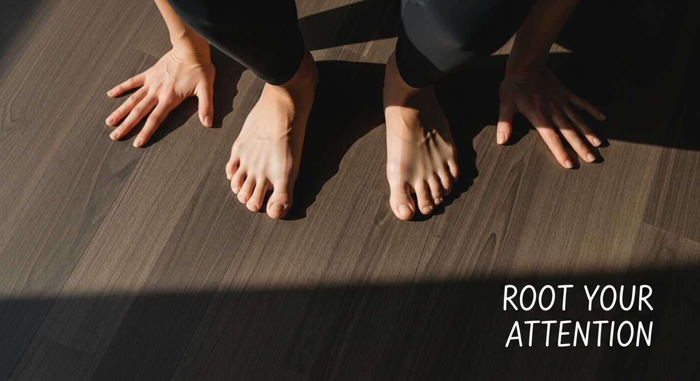 Overhead view of bare feet and hands making deliberate floor contact during deep squat showing proprioceptive awareness for pre workout focus