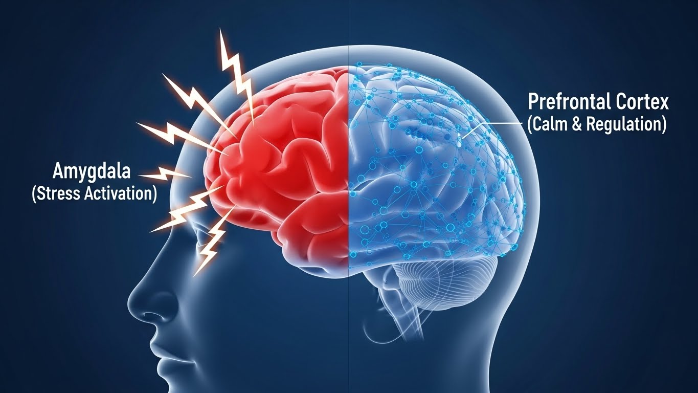 How to Stay Calm Under Pressure: Invoke Steady Composure. 2 Brain diagram illustrating how to stay calm under pressure by showing amygdala stress activation versus prefrontal cortex calm state