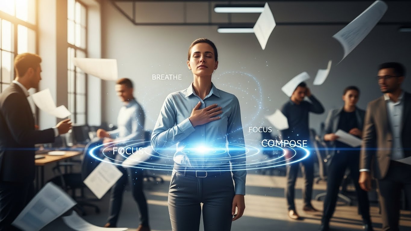 Professional person staying calm under pressure while practicing breathing technique in chaotic office environment with calming blue energy aura overlay