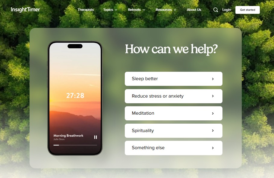 Insight Timer mental wellness app interface displaying extensive free meditation library with filters for focus, energy, stress relief, and thousands of meditation teachers worldwide