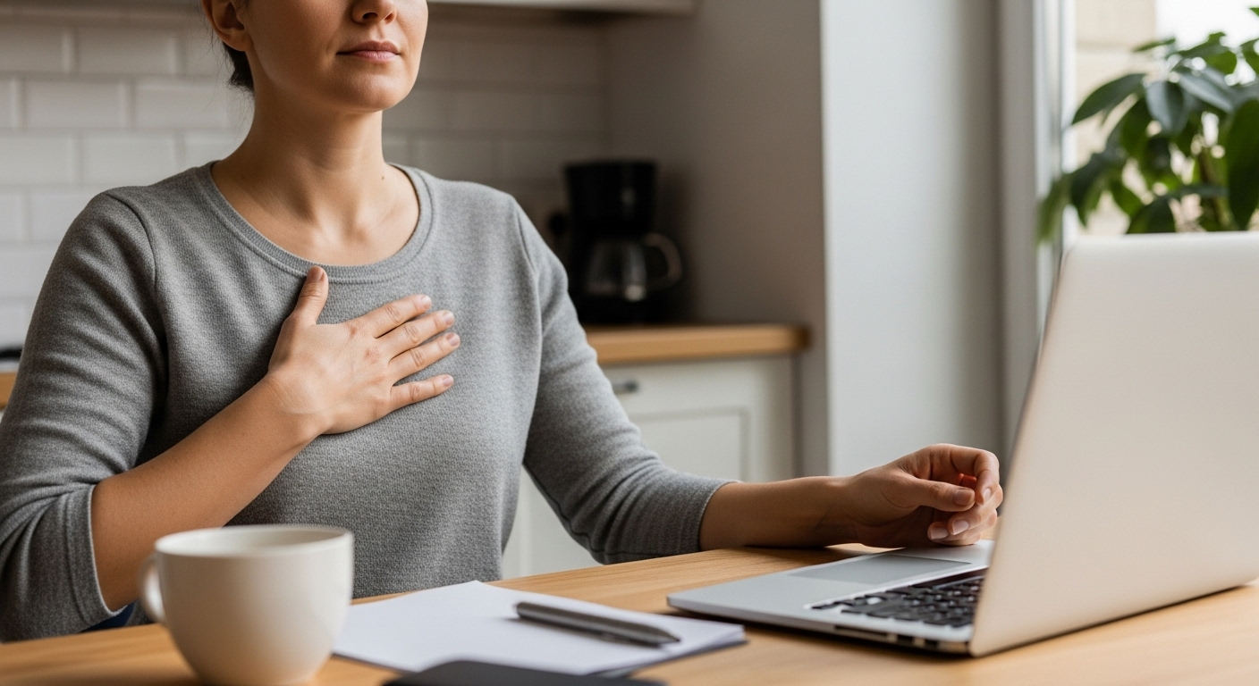 Person taking mindful body awareness break during workday with hand on chest performing quick stress check in