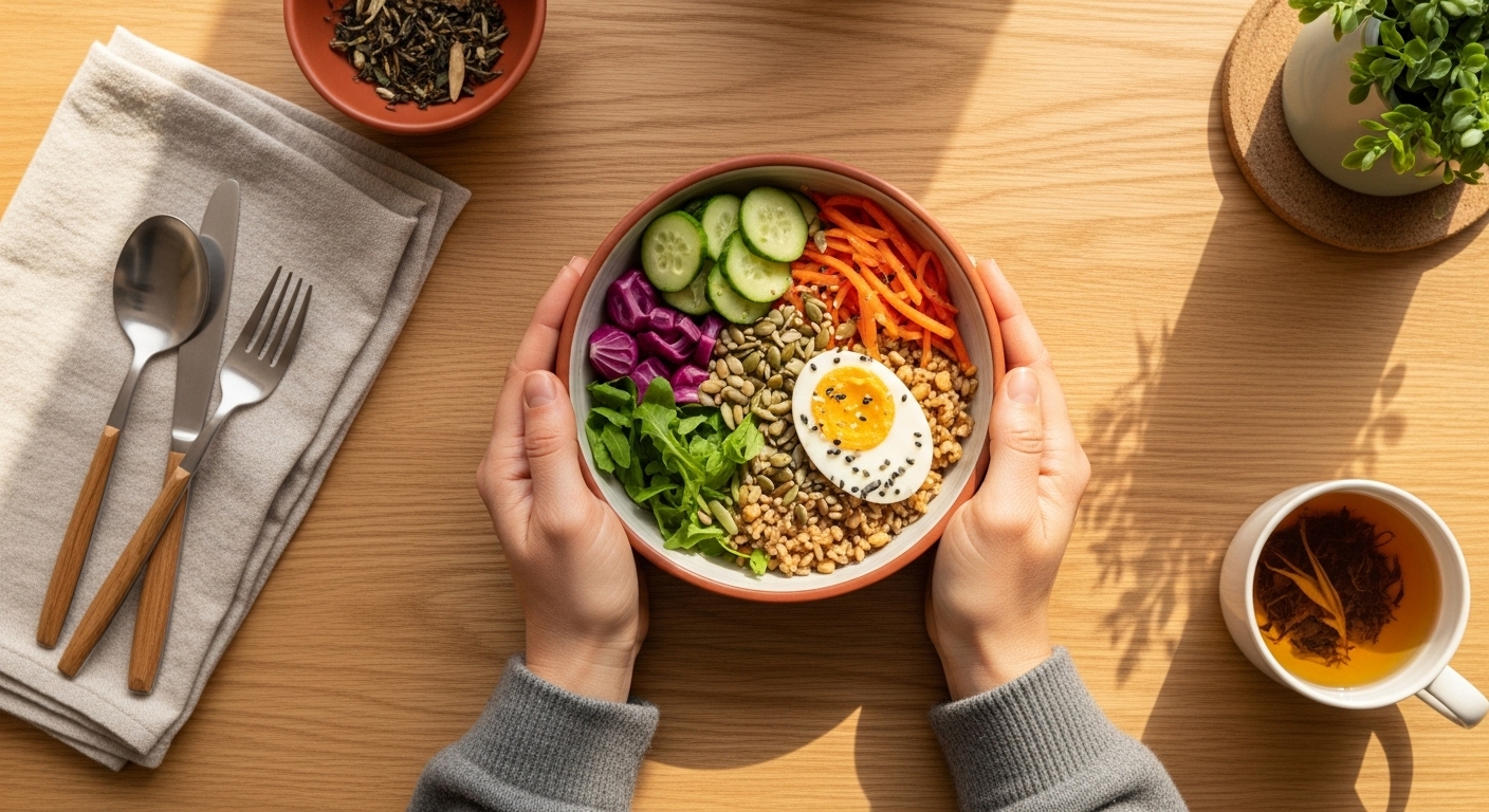 Mindful Recovery Surge: 8 Restorative Steps to Boost Energy. 5 Hands holding warm ceramic bowl of colorful wholesome food on wooden table, demonstrating mindful eating practice for energy restoration with no phone or distractions present.