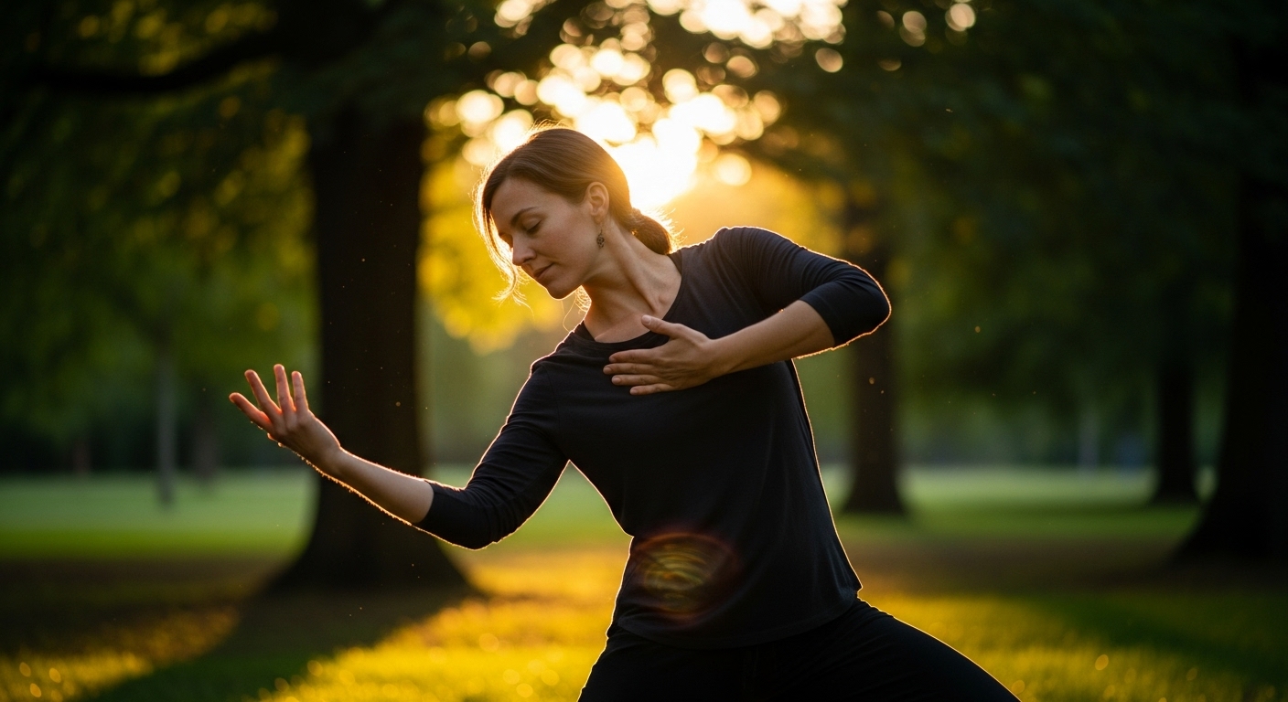 Person practicing mindful yoga movement outdoors demonstrating body awareness through conscious physical exercise