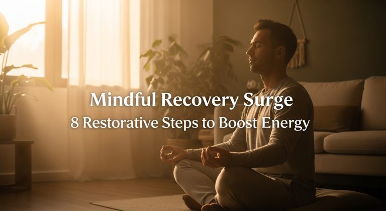 Person sitting in peaceful meditation pose during golden hour sunrise, practicing mindful recovery techniques for energy restoration in a serene minimalist room with soft natural light streaming through curtains.