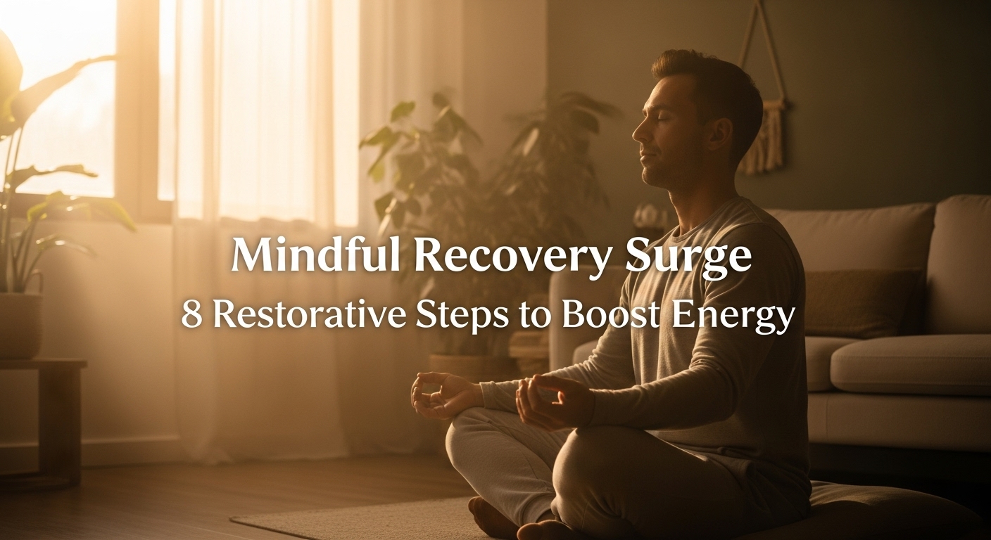 Person sitting in peaceful meditation pose during golden hour sunrise, practicing mindful recovery techniques for energy restoration in a serene minimalist room with soft natural light streaming through curtains.