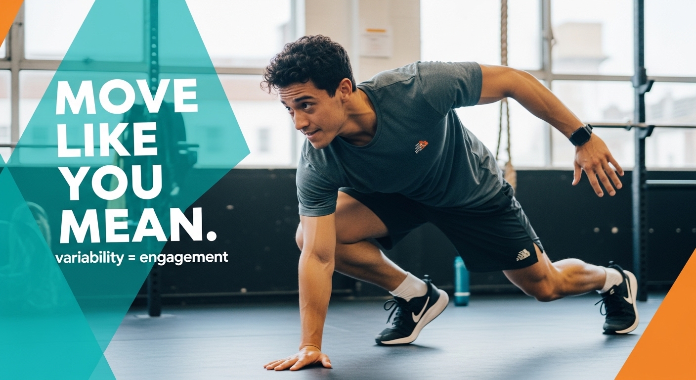 Athlete performing dynamic unconventional warm up movement showing movement variability that activates dormant neural pathways for pre workout focus