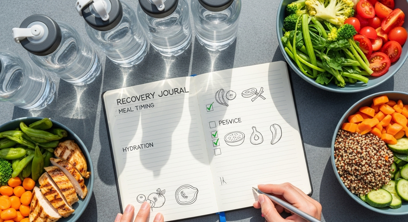 Recovery Journaling: 7 Proven Ways to Boost Post Workout Healing. 3 Healthy meal with recovery journal tracking nutrition timing and hydration for optimal post workout healing
