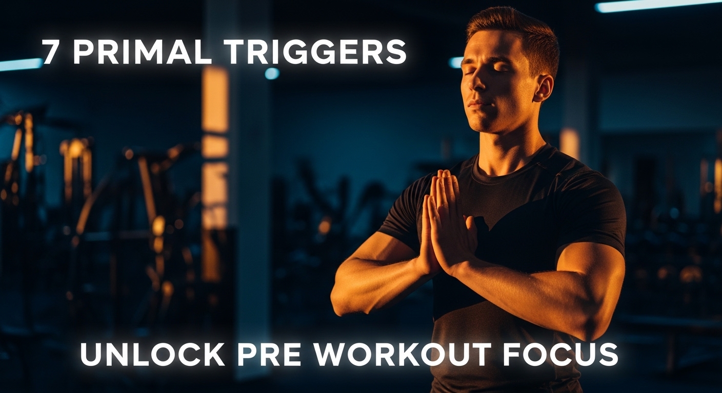 Athletic person in meditative breathing stance in gym with dramatic lighting symbolizing pre workout focus and mental preparation