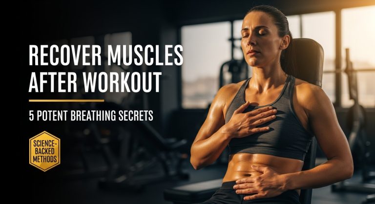 Athletic person practicing post-workout breathing exercise in gym to recover muscles after workout with peaceful expression and proper hand placement technique