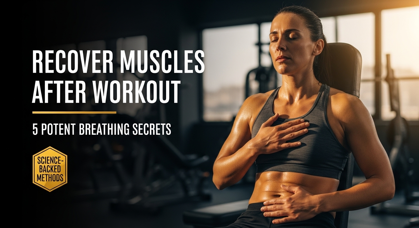 Athletic person practicing post-workout breathing exercise in gym to recover muscles after workout with peaceful expression and proper hand placement technique