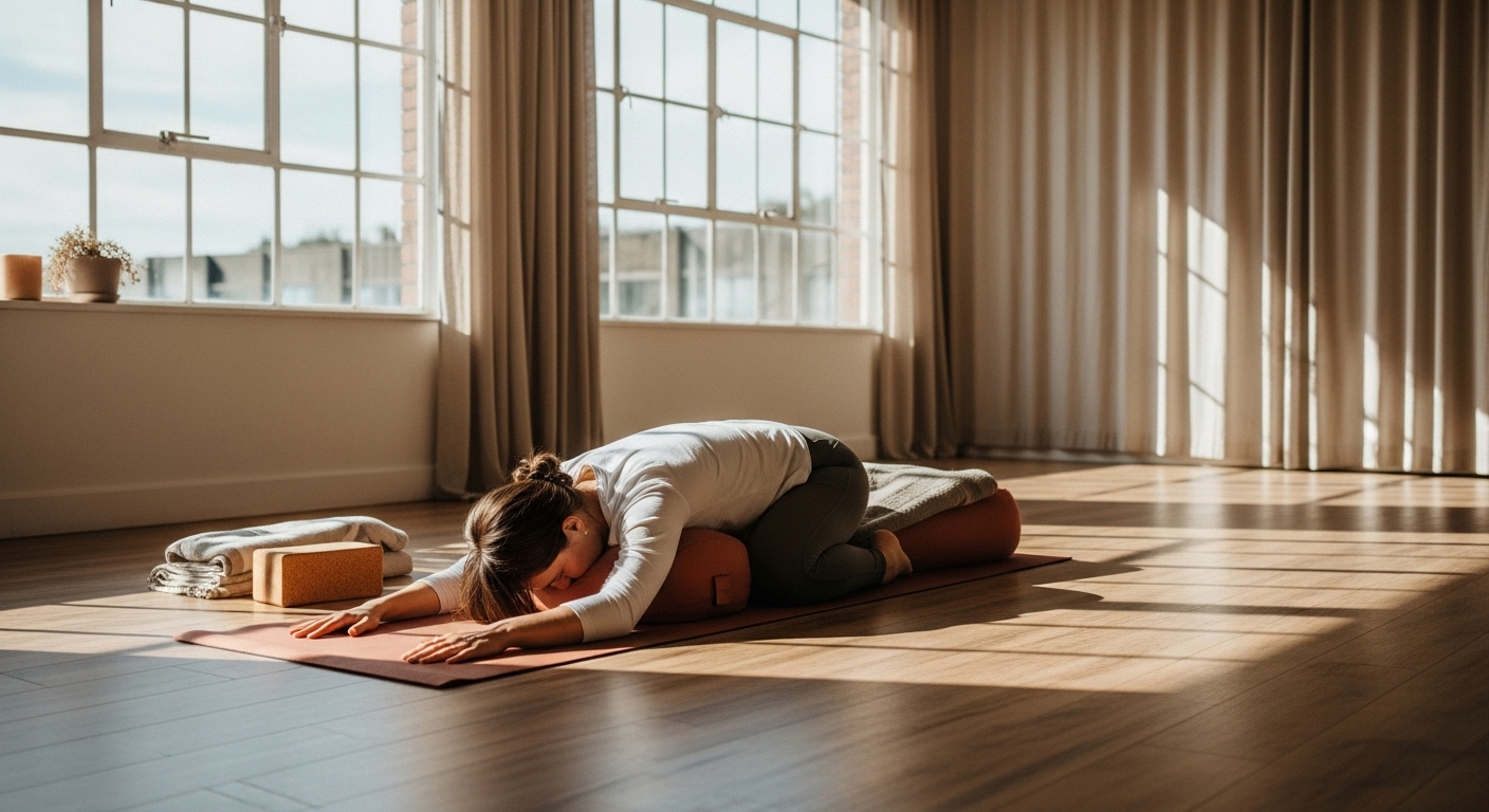 Mindful Recovery Surge: 8 Restorative Steps to Boost Energy. 4 Person practicing supported child's pose restorative yoga in bright airy studio, demonstrating gentle mindful movement for energy restoration and burnout recovery with natural daylight