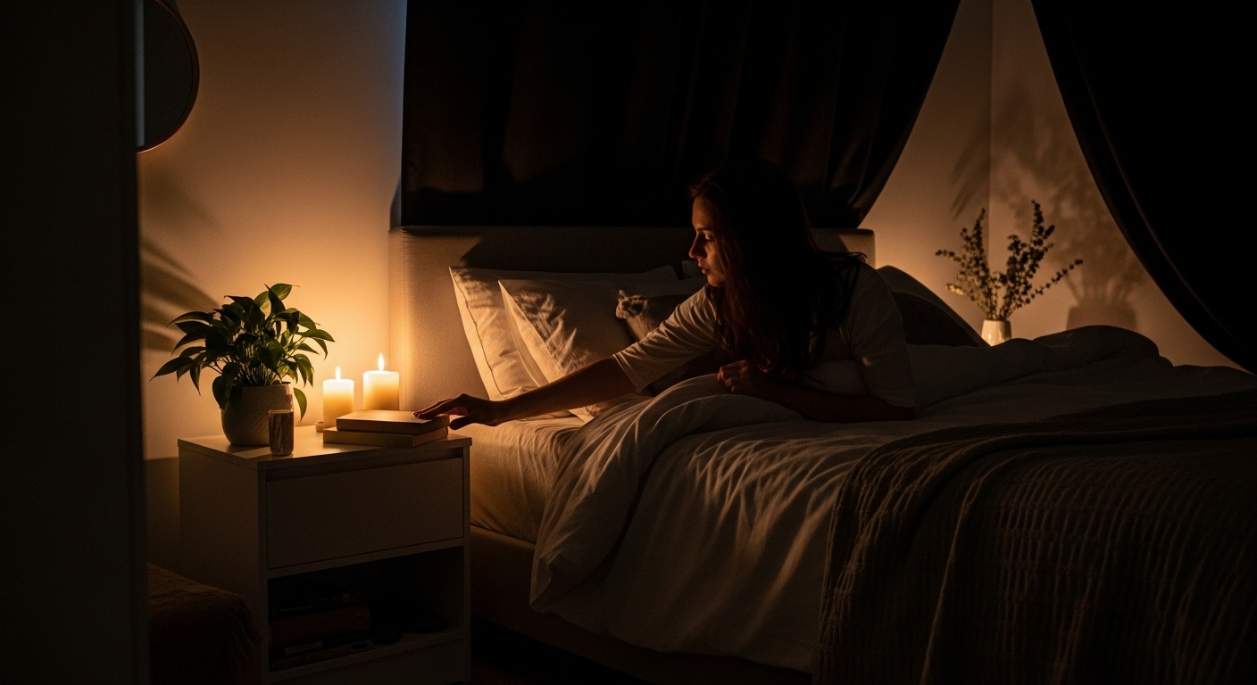 Mindful Recovery Surge: 8 Restorative Steps to Boost Energy. 3 Peaceful bedroom at dusk with warm lamp lighting and luxurious neutral bedding, creating optimal sleep sanctuary environment for restorative rest and mindful recovery with no screens visible