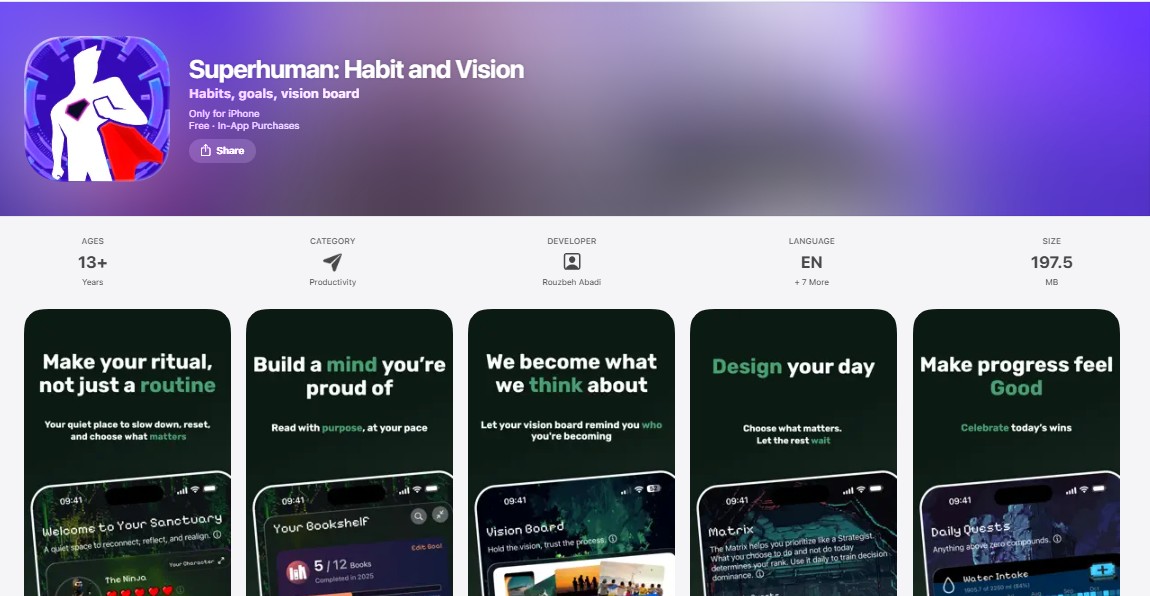 Superhuman mental wellness app showing habit tracking dashboard with morning meditation, journaling, and breathing exercise routines with streak counters and completion metrics