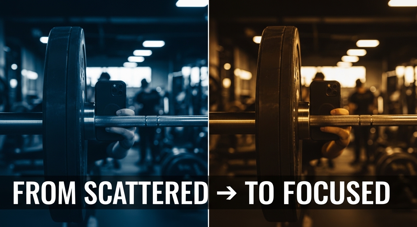 Split comparison showing scattered gym distractions versus focused single-point attention on barbell demonstrating visual narrowing for pre workout focus