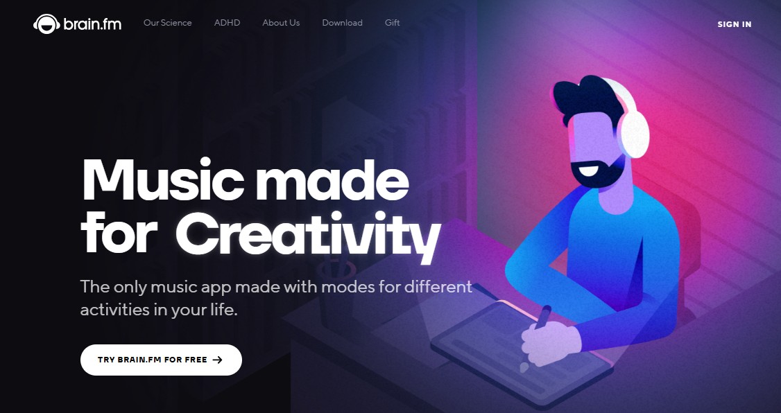  Brain.fm mental wellness app focus mode interface with intensity customization slider and session timer displaying neuroscience-backed audio controls for concentration enhancement.