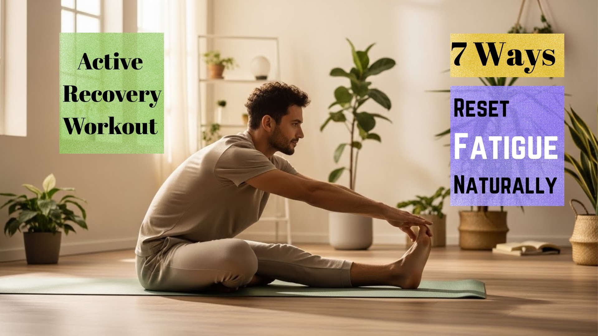 Woman doing gentle forward fold stretch on yoga mat during active recovery workout in sunlit room with plants.