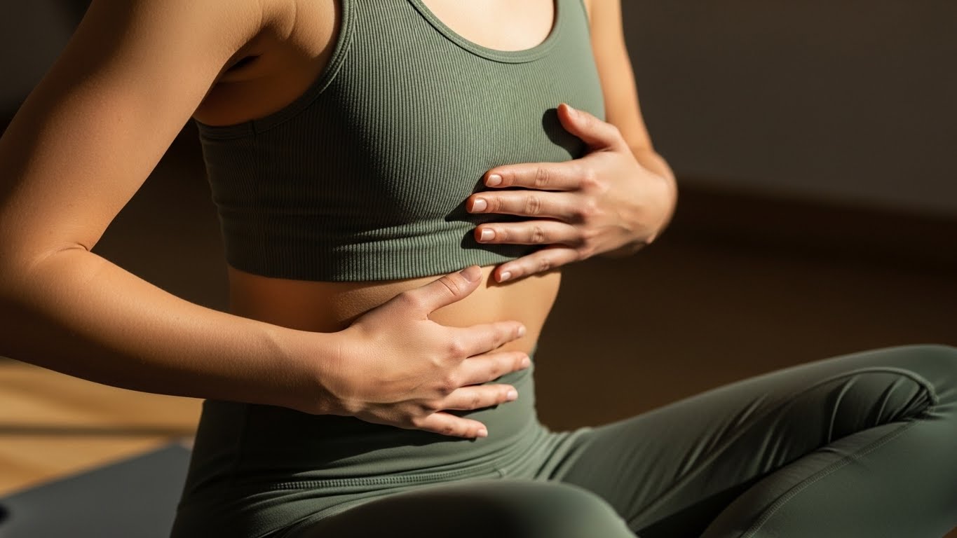 Woman practicing breath work for functional core workout with hands on ribcage demonstrating diaphragmatic breathing technique
