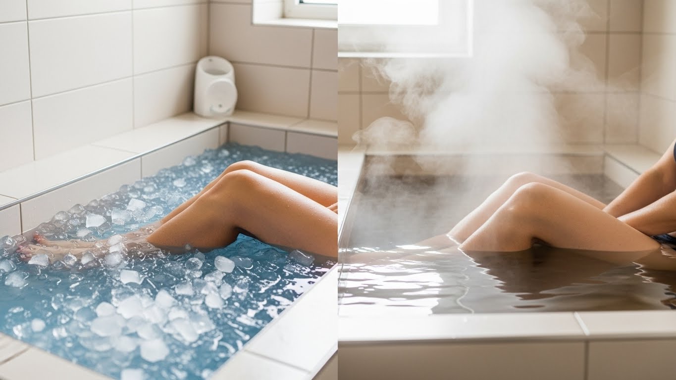 Split image showing legs in ice bath and warm water during contrast therapy active recovery workout for circulation improvement