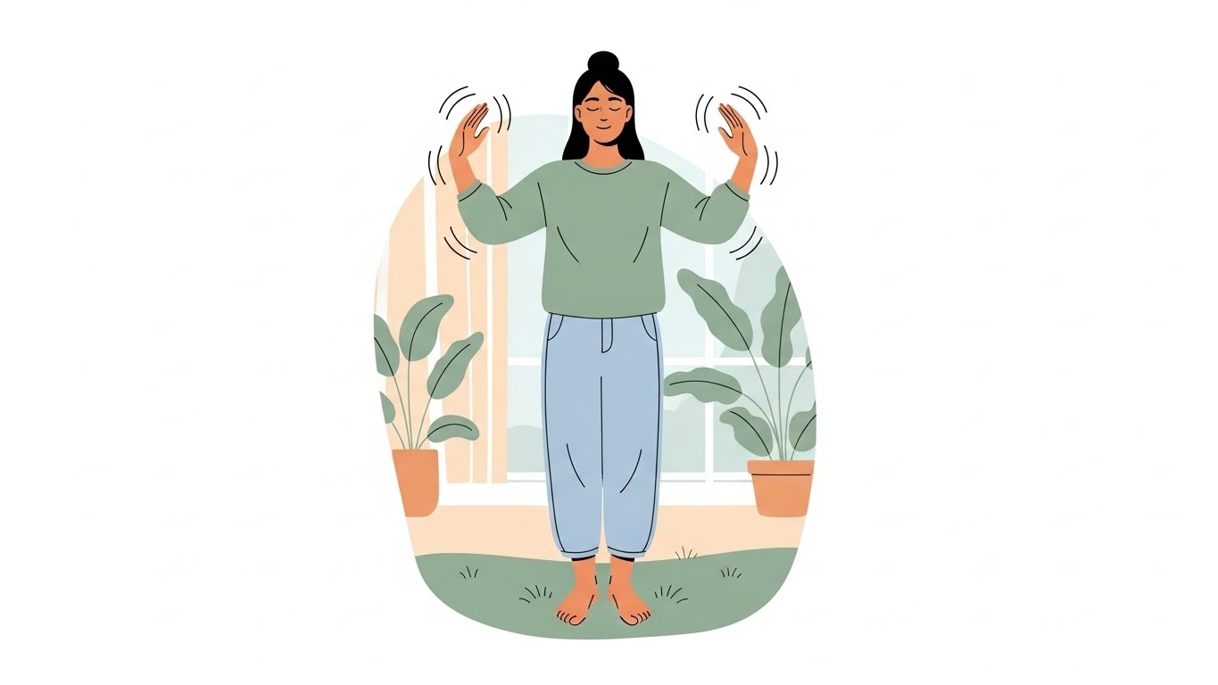 Person doing gentle grounding movements with arms raised, standing peacefully to reset nervous system through slow mindful motion