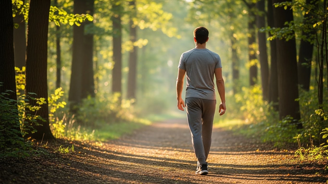 Person walking slowly on forest trail during active recovery workout with focused breathing and relaxed posture
