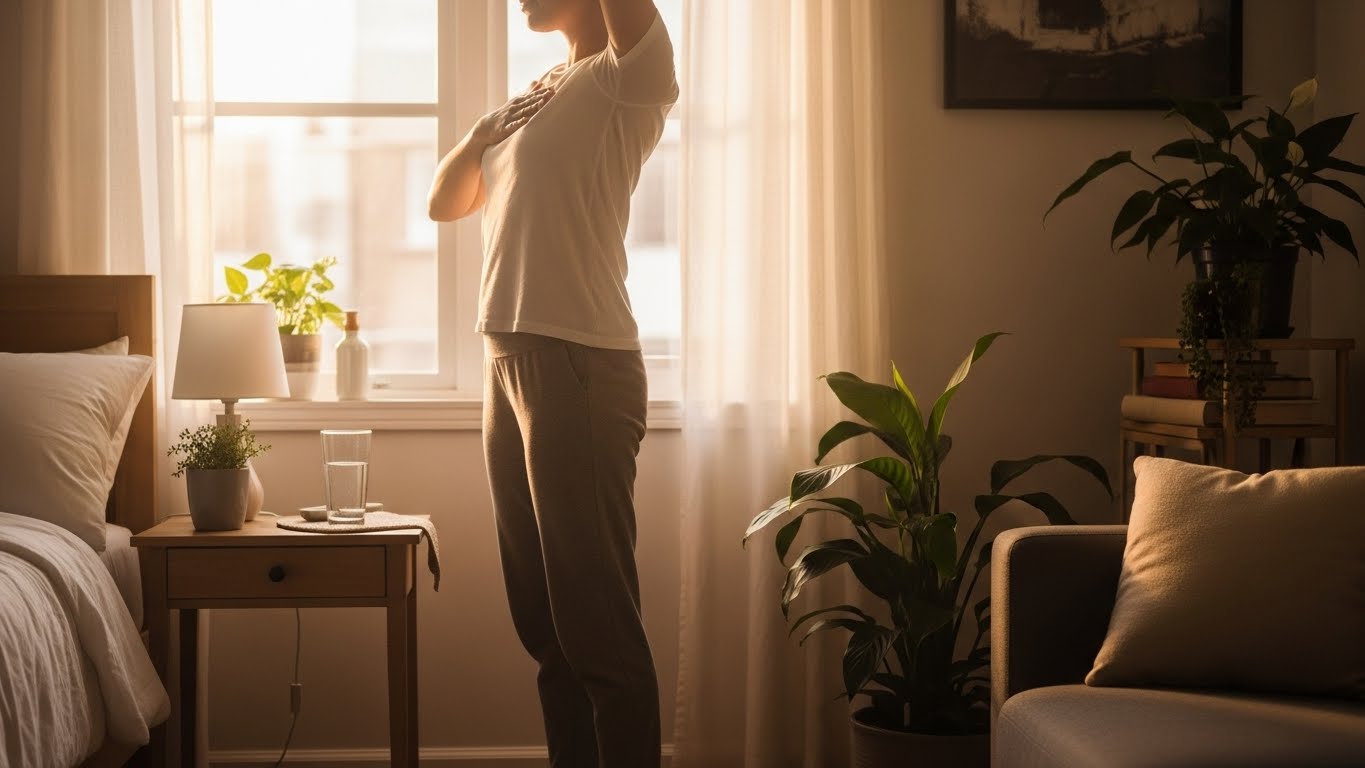  Person doing morning breathing exercises by window with natural light, establishing daily nervous system reset ritual