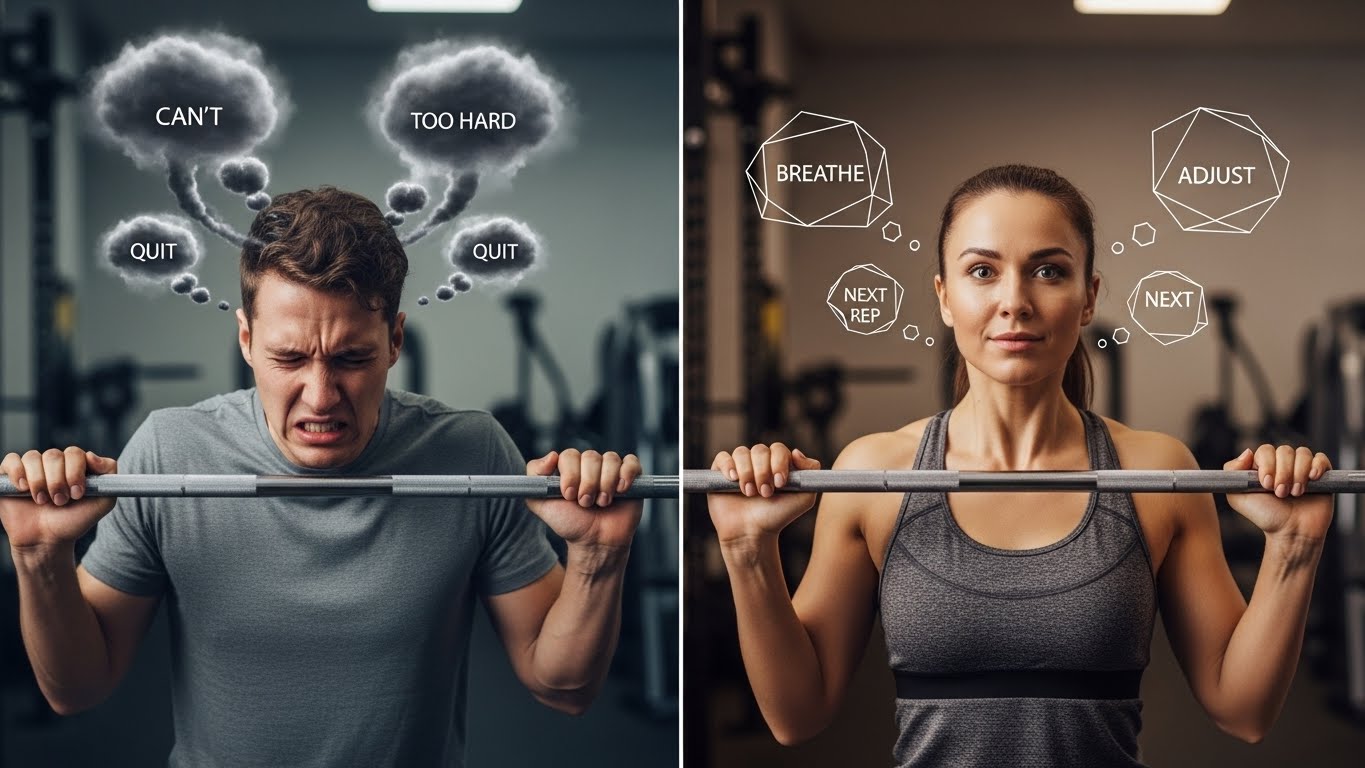 Split comparison showing person with negative self-talk versus functional action-based inner dialogue during training