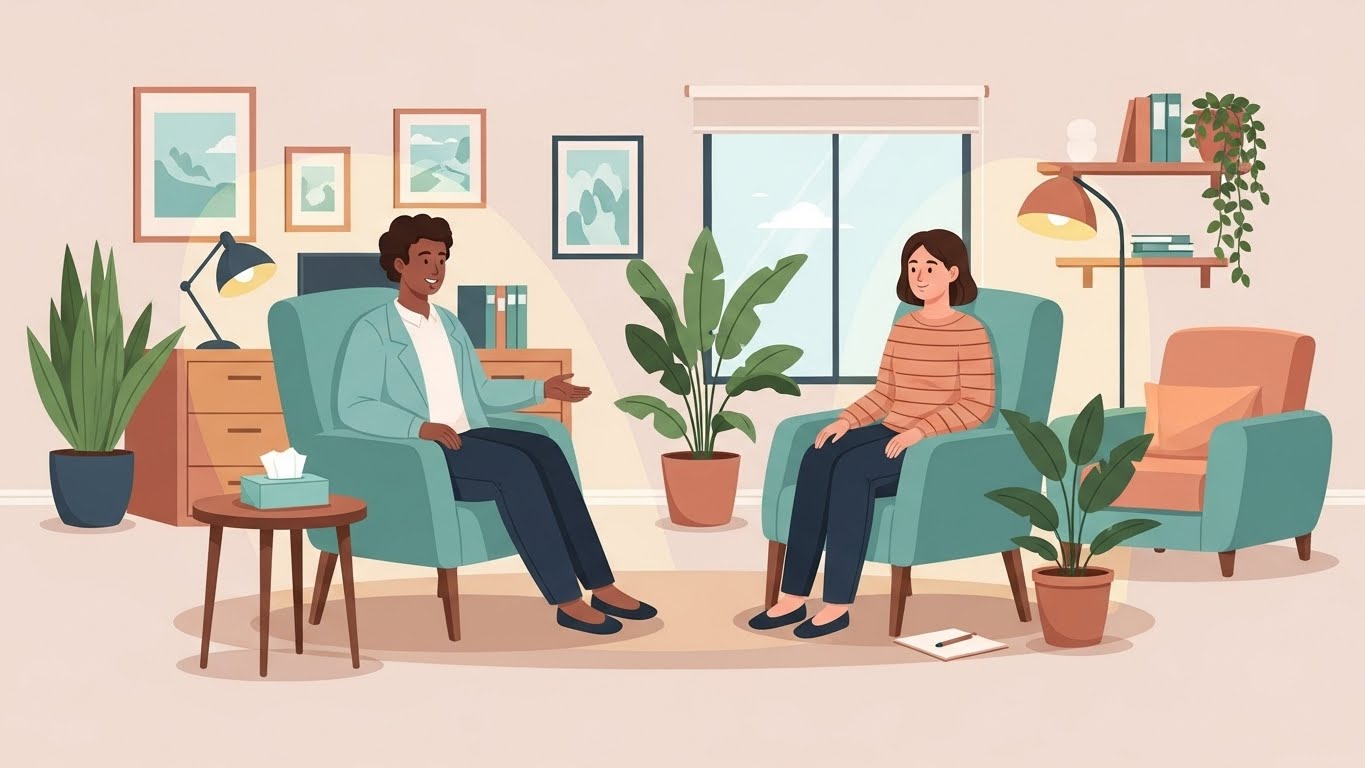 Compassionate therapy session illustration showing professional support for nervous system regulation and trauma healing.