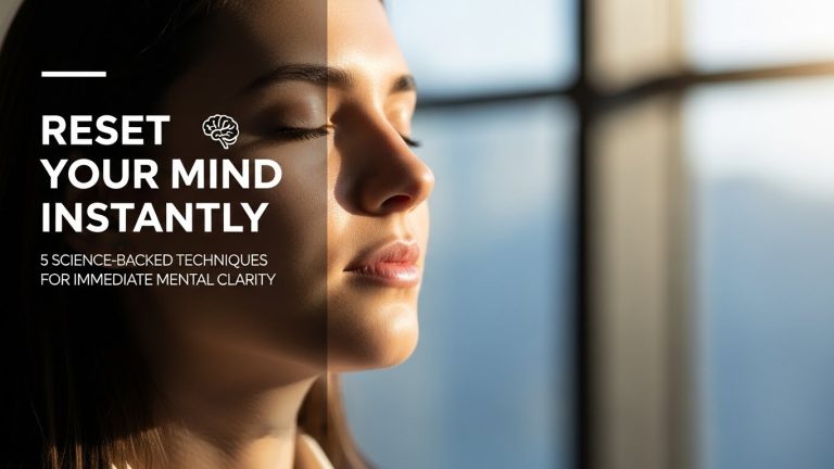 Person with closed eyes practicing deep breathing exercise to reset your mind and improve focus, with text overlay reading reset your mind instantly