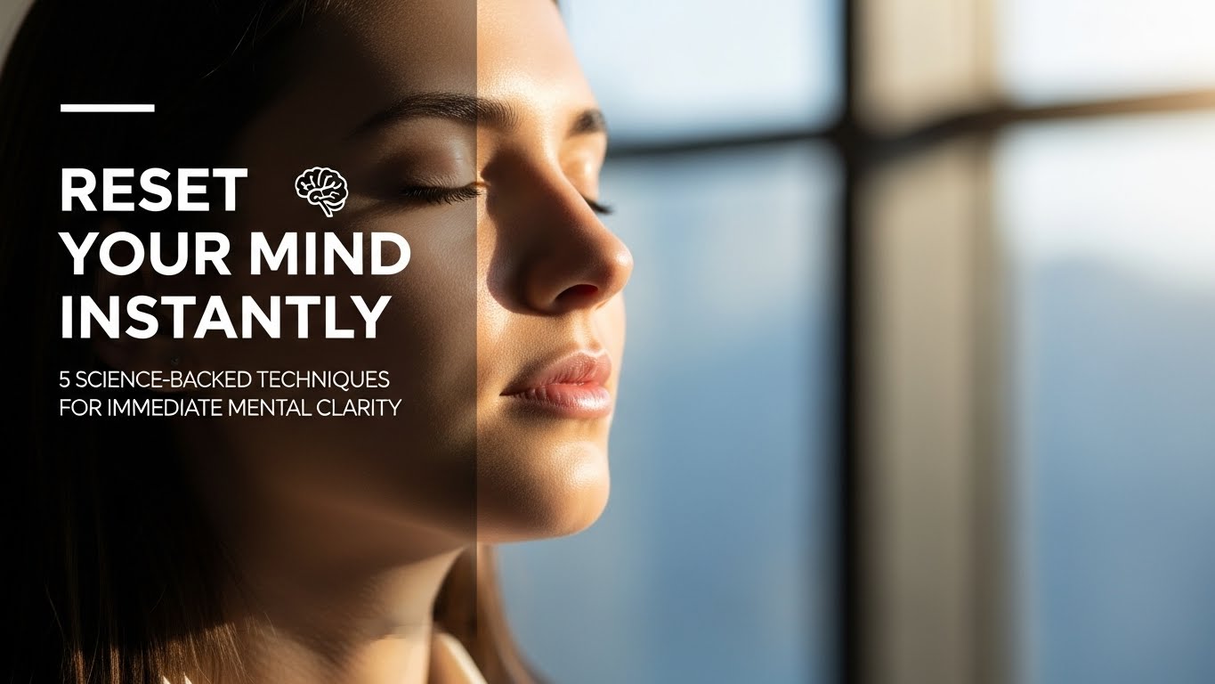 Person with closed eyes practicing deep breathing exercise to reset your mind and improve focus, with text overlay reading reset your mind instantly