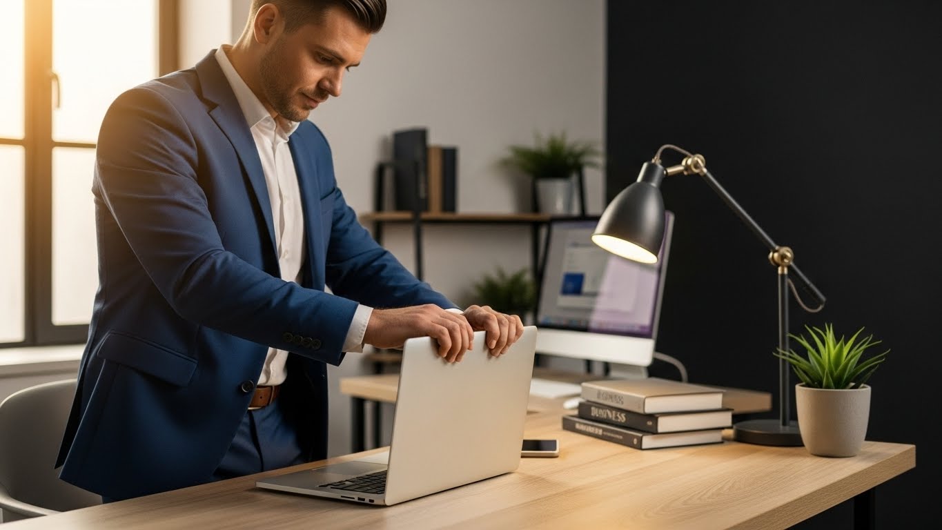 Professional closing laptop to reset your mind through clear cognitive boundaries and intentional mental transitions.