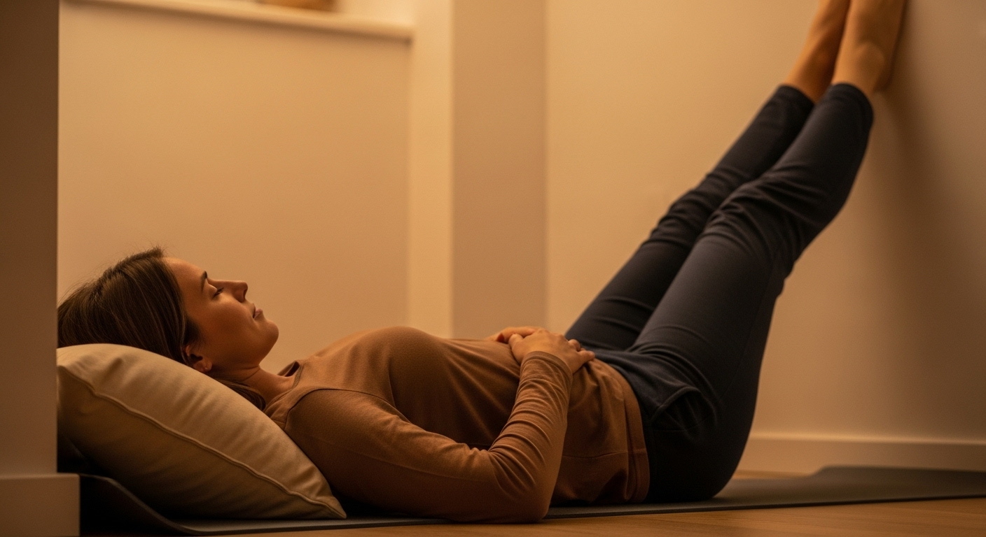 Person lying peacefully with legs extended up wall in restorative pose for evening muscle tension release and sleep preparation