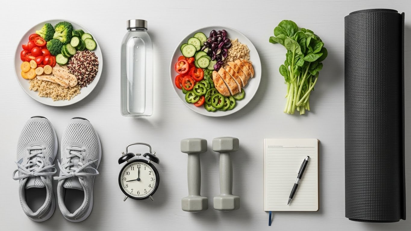 Laser Focus: 5 Evidence-Based Ways to End Distraction. 6 Flat lay of healthy lifestyle elements including exercise equipment water bottle nutritious food and sleep routine supporting brain focus.