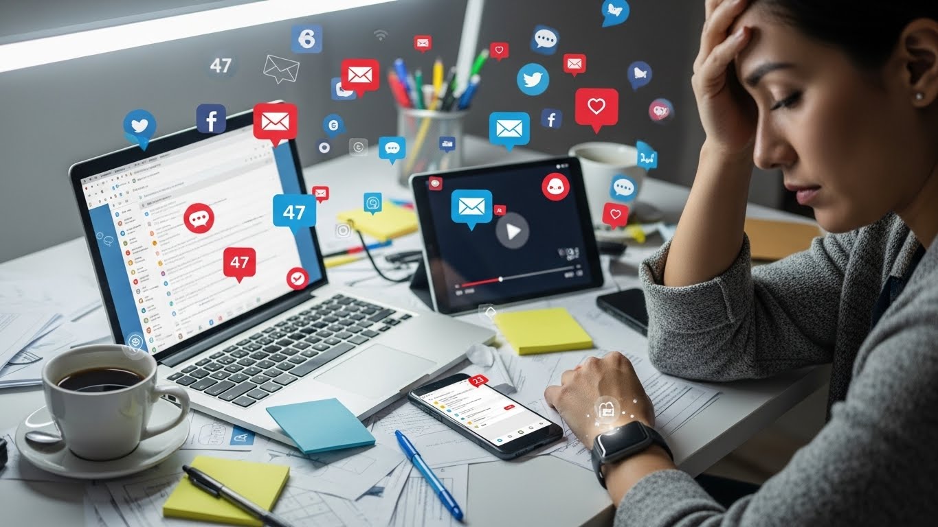 Laser Focus: 5 Evidence-Based Ways to End Distraction. 2 Frustrated person at messy desk overwhelmed by multiple devices notifications and digital distractions due to lack of laser focus