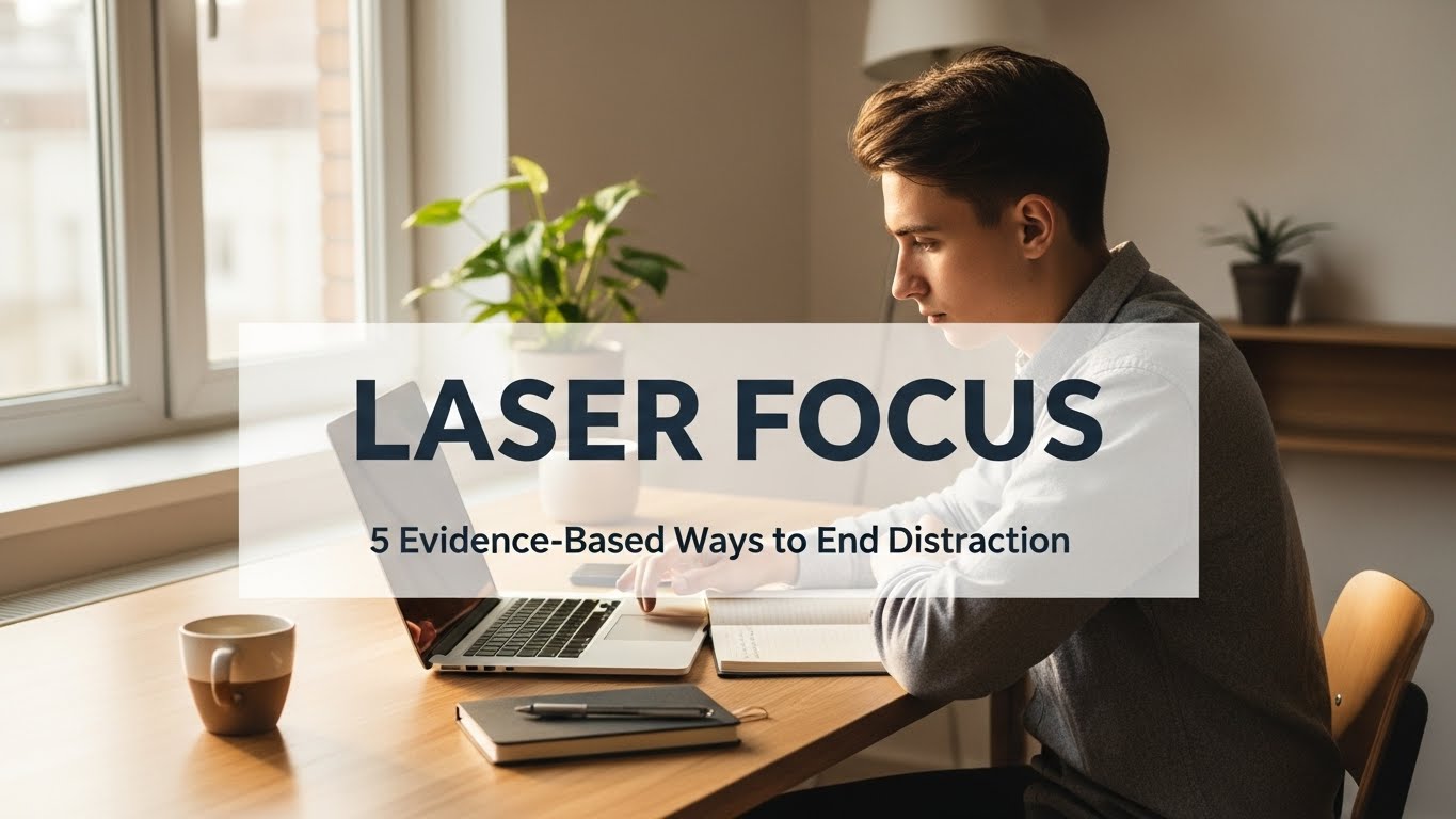 Young person working with intense concentration at organized minimalist desk with natural window lighting.