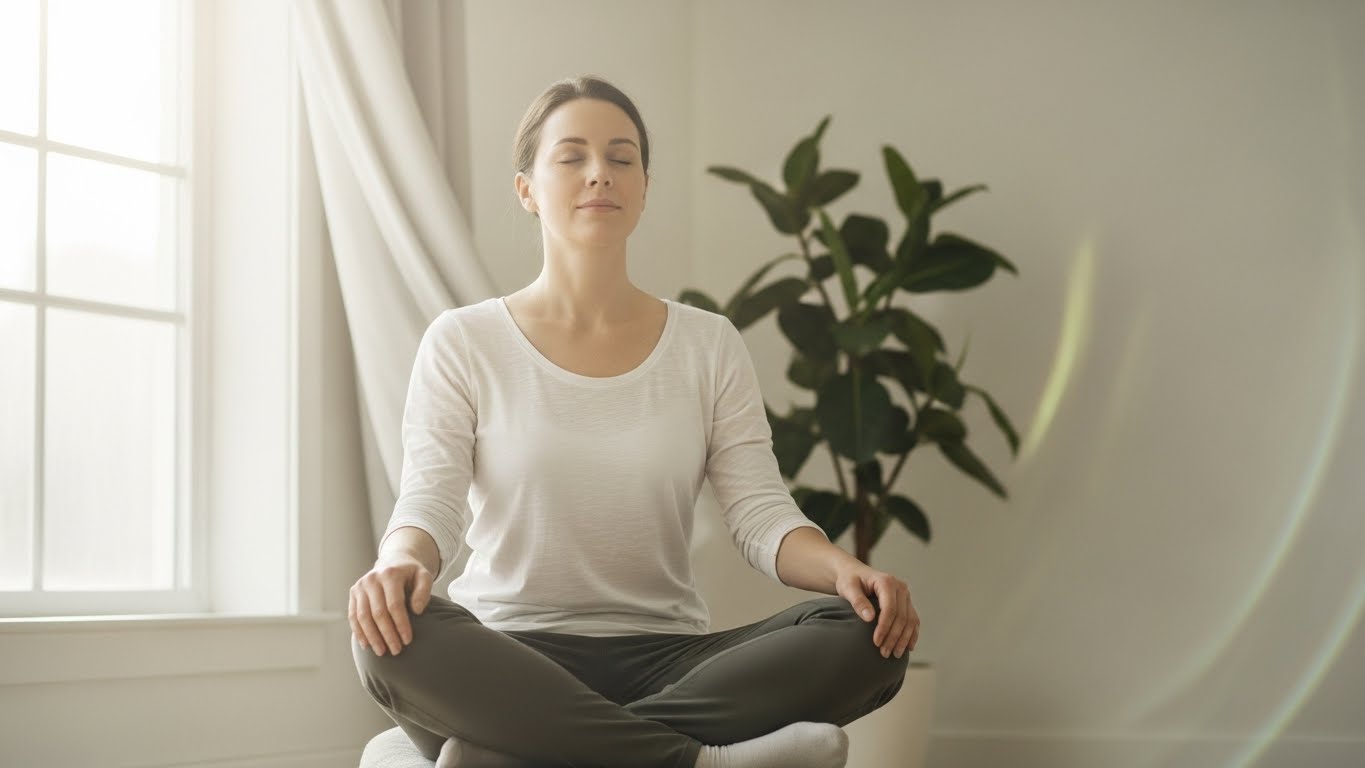 Laser Focus: 5 Evidence-Based Ways to End Distraction. 4 Person meditating peacefully with closed eyes practicing mindfulness for improved focus and attention.