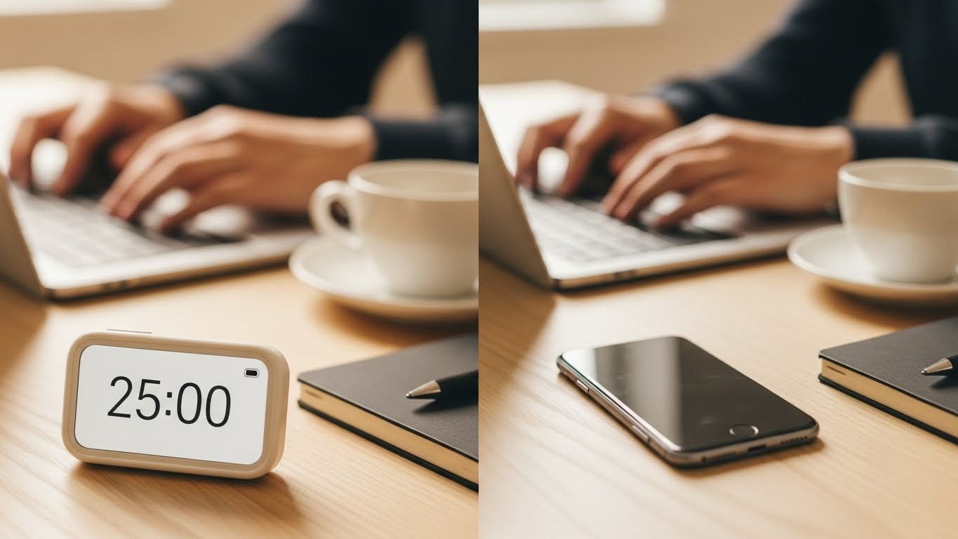 Laser Focus: 5 Evidence-Based Ways to End Distraction. 3 25-minute timer beside focused hands typing on laptop demonstrating focus sprint technique.