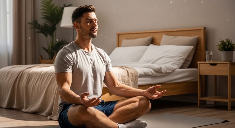 Athlete using breathing techniques to recover faster after workout in optimized bedroom environment.