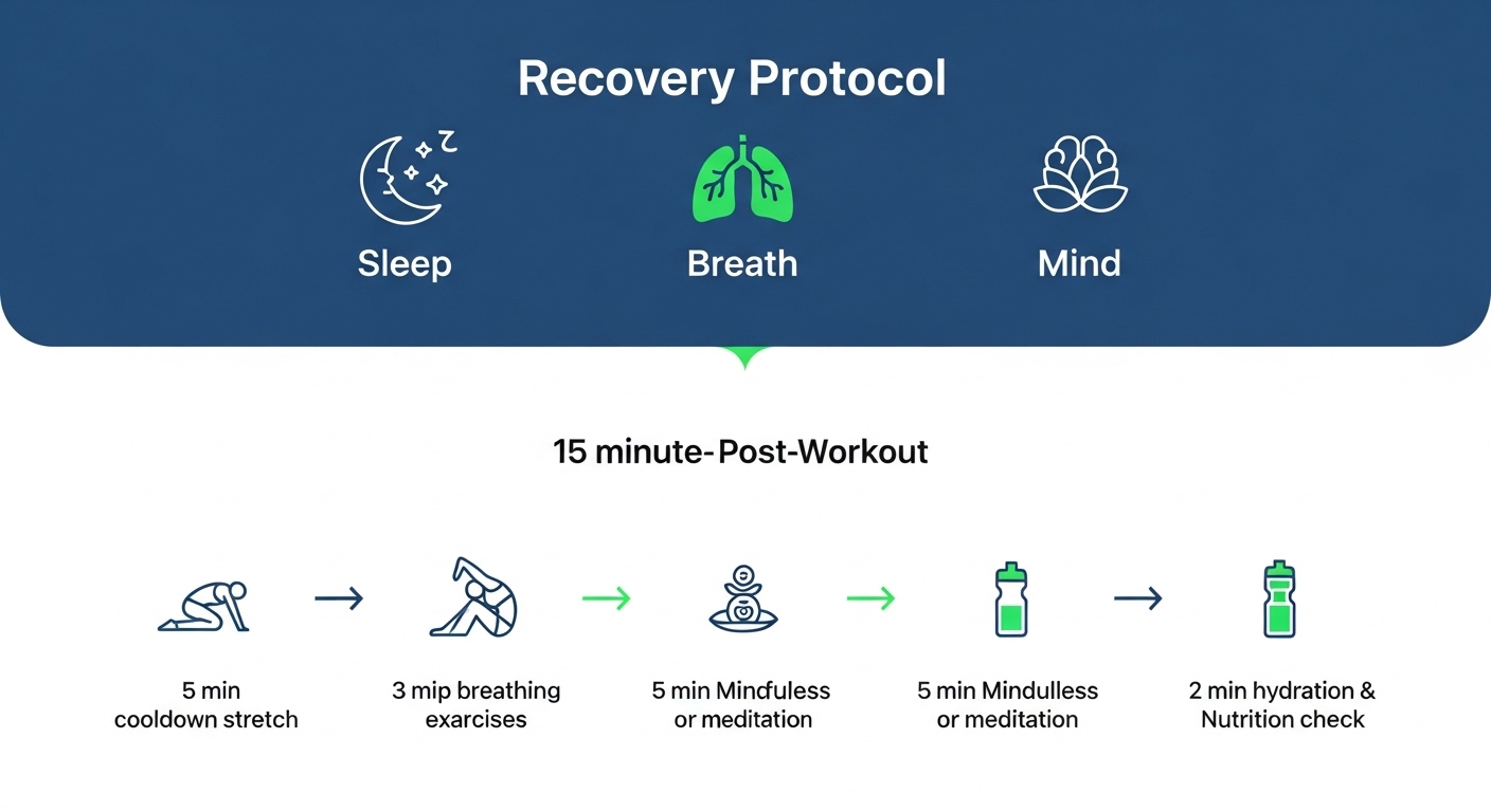 Recover Faster: 5 Sleep, Breath & Mind Reset Hacks. 5 15-minute recovery stack protocol combining breathing, nutrition, and nervous system techniques to recover faster from workouts
