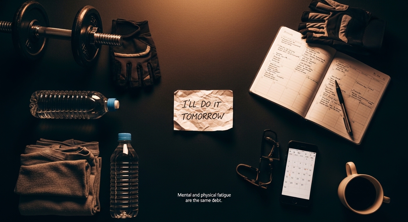 Why Am I So Lazy? It's Not What You Think. 4 why am I so lazy, gym equipment and work items colliding, representing how mental and physical fatigue drain the same biological reserve.