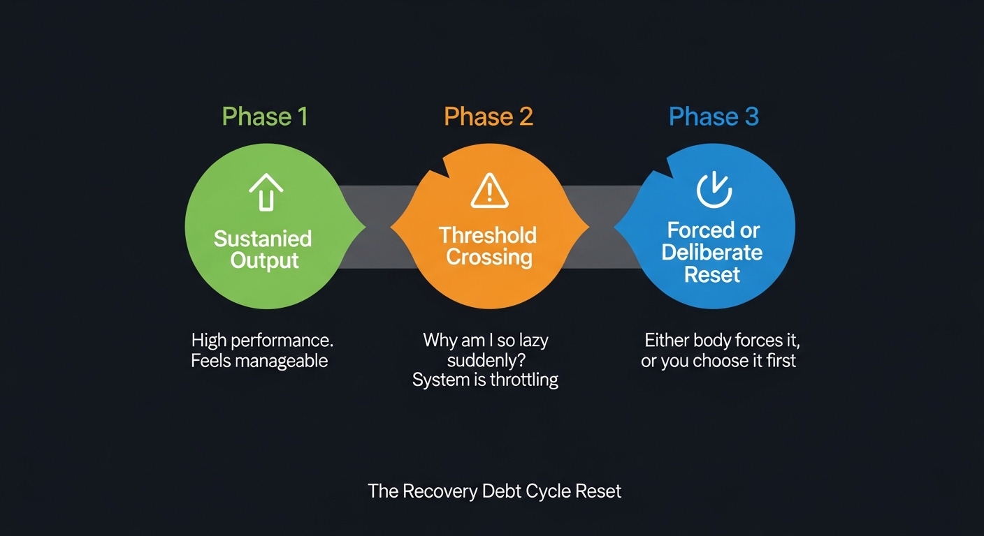 Why Am I So Lazy? It's Not What You Think. 3 why am I so lazy ? the Recovery Debt Cycle Reset diagram showing three phases of performance depletion and recovery from the framework.