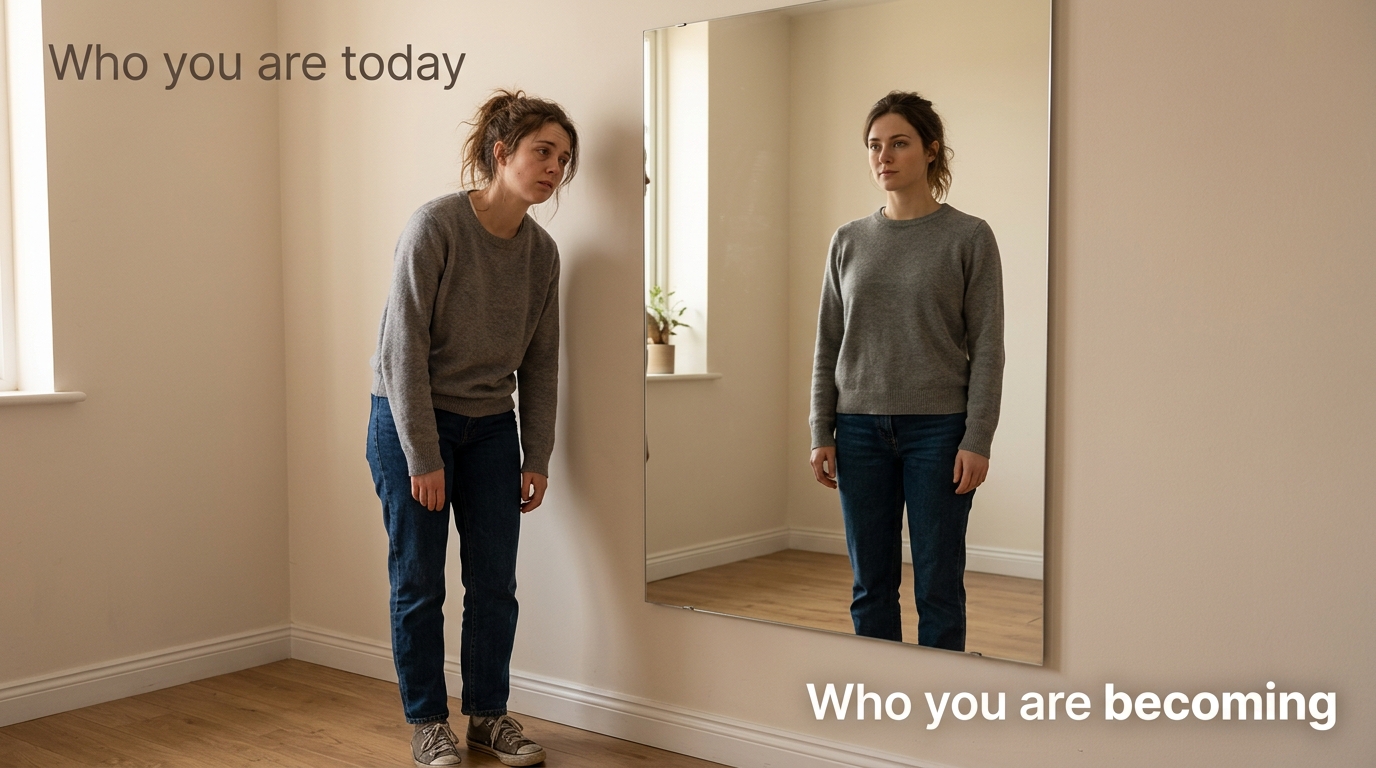 Person standing before a mirror with overlay text reading who you are today on the left and who you are becoming on the right, representing how being consistent builds a stronger identity over time.