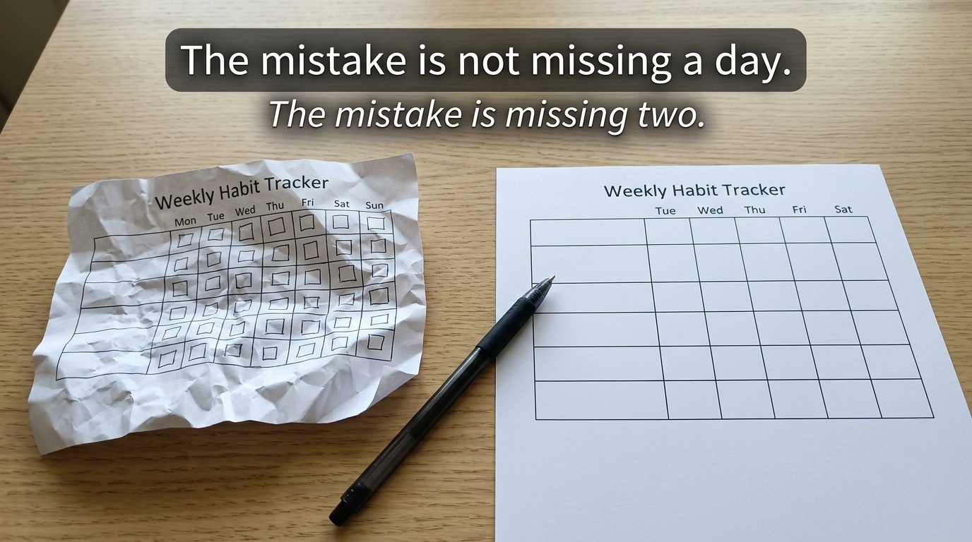 Crumpled incomplete habit tracker next to a fresh blank one with overlay text reading the mistake is not missing a day the mistake is missing two, representing the never miss twice rule for being consistent.