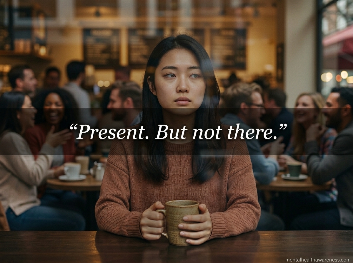 Person sitting in a café feeling emotionally numb, a visible sign of why do I feel numb even around others
