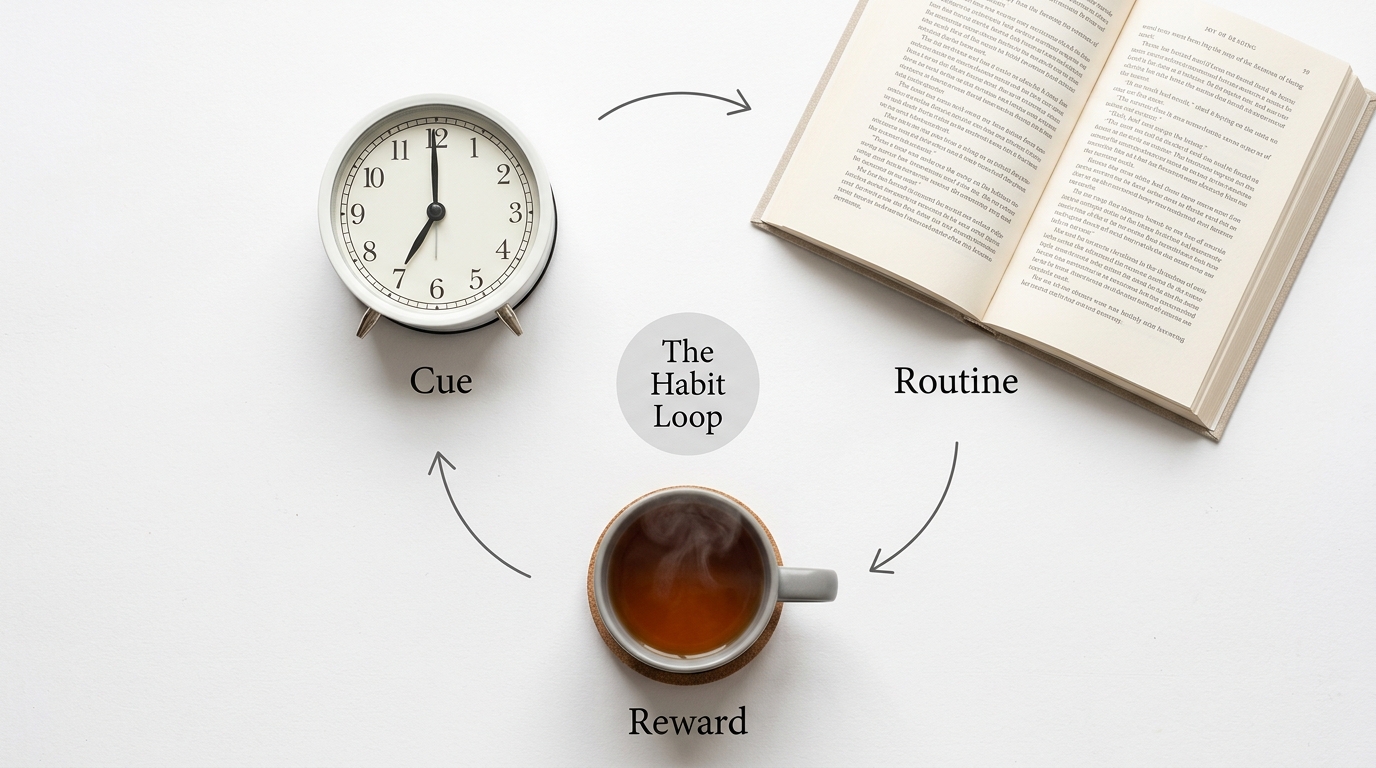 Flat lay of alarm clock labeled cue, open book labeled routine, and cup of tea labeled reward arranged in a loop representing the habit loop framework for being consistent.
