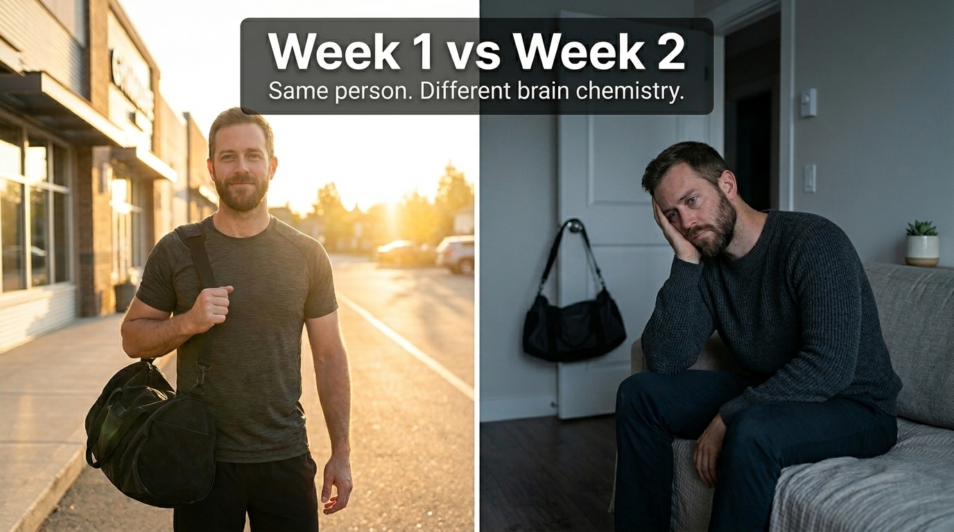 Split image showing high motivation in week one versus low energy in week two with overlay text reading week one vs week two, illustrating the challenge of being consistent with habits long term.