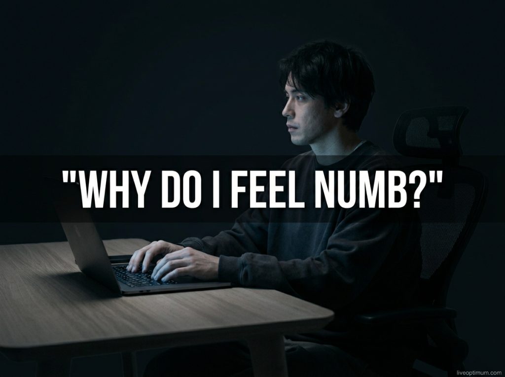 Person sitting alone at a desk at night asking why do I feel numb, staring blankly at a laptop screen