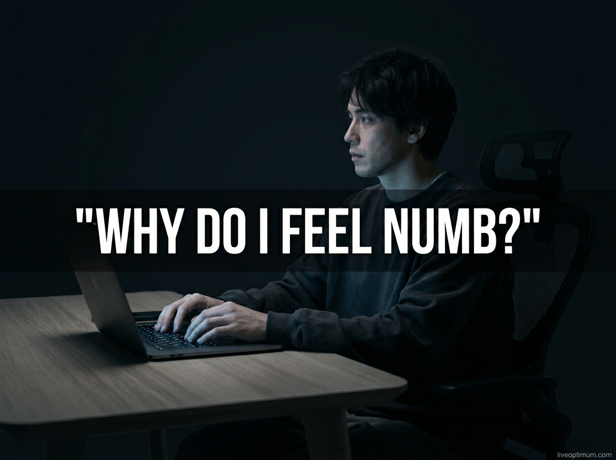 Person sitting alone at a desk at night asking why do I feel numb, staring blankly at a laptop screen