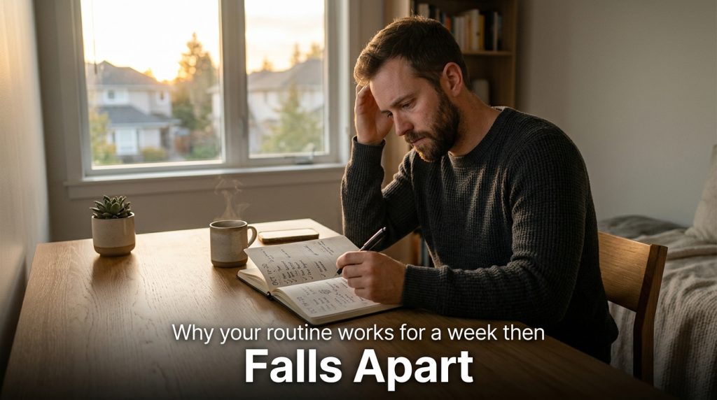 Person sitting at a wooden desk in early morning light with overlay text reading why your routine falls apart, representing the challenge of being consistent with daily habits.